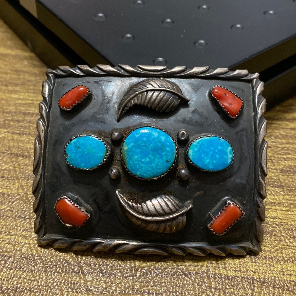 Vintage Native American Signed A.S. Sterling Silver Turquoise Coral Belt Buckle